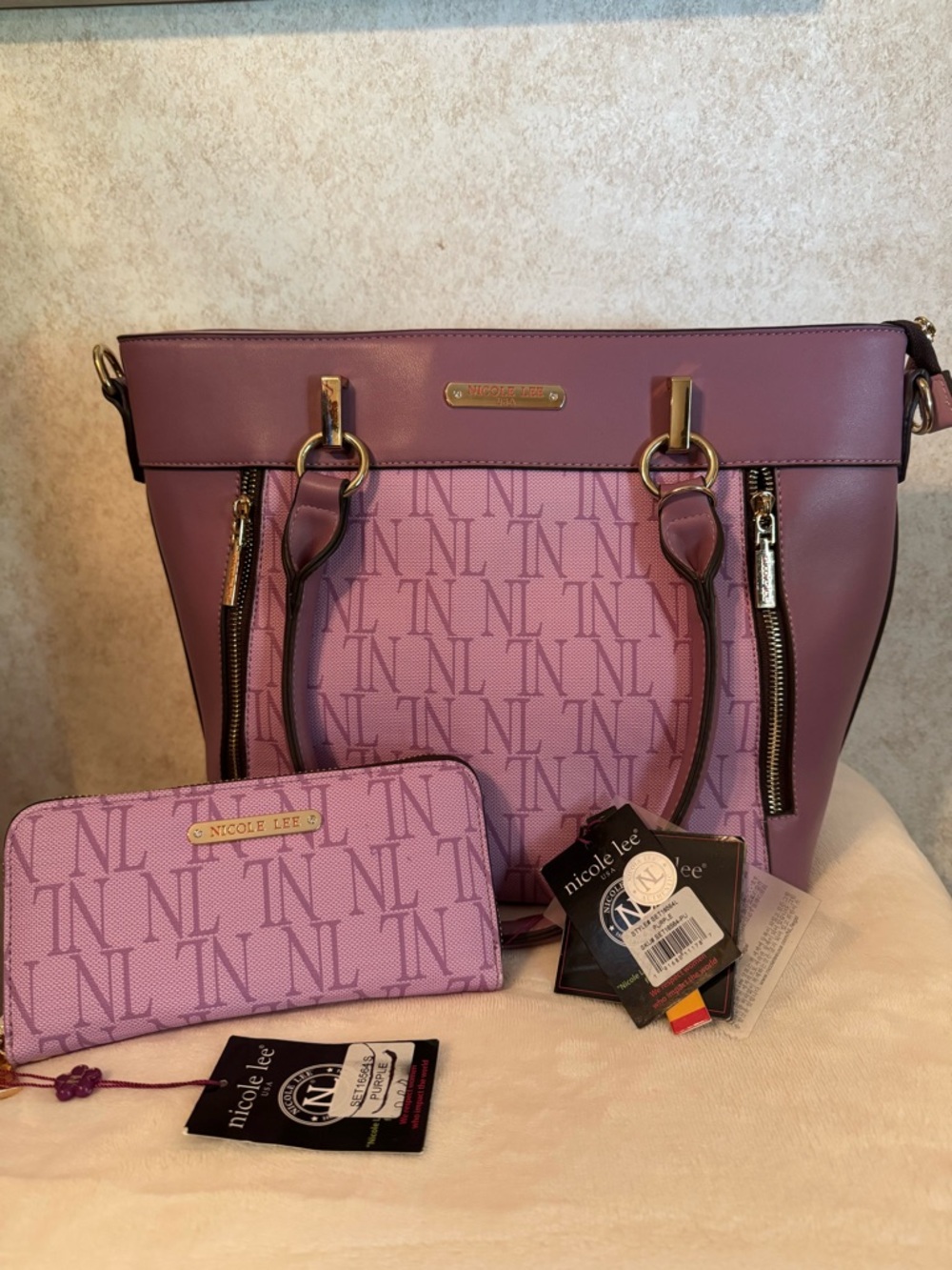 Nicole Lee Purple Monogram Tote with Matching Wallet